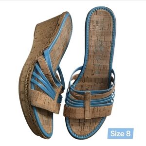 Italian Shoe Maker Blue Cork Wedge Sandals Size 8